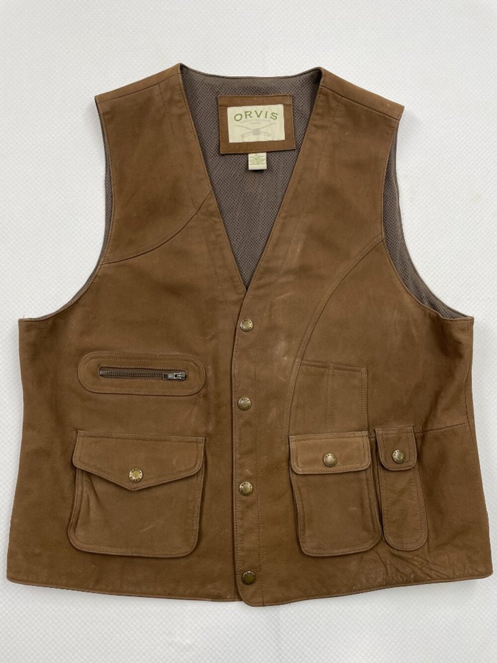 Orvis Vintage Brown Suede Leather Hunting Fishing Cargo Utility Vest Men's XL